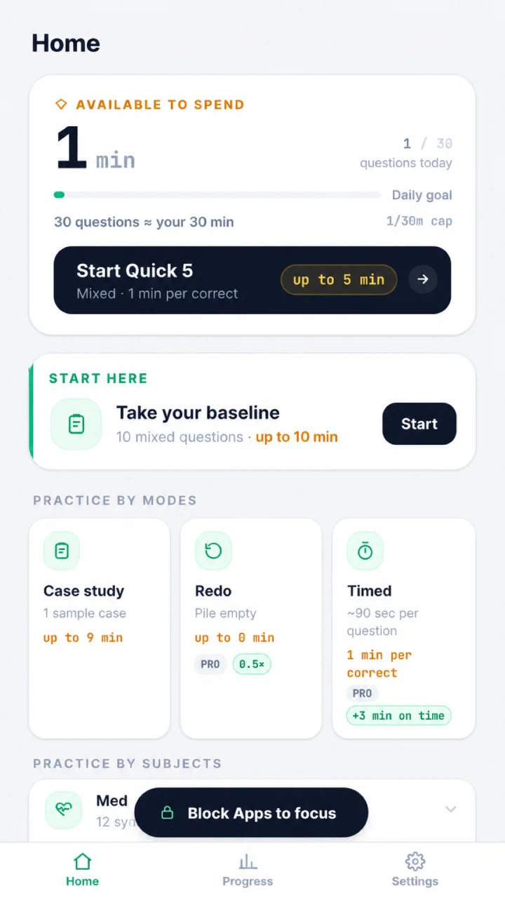 NurseLock Home screen showing earned minutes and Quick 5 practice